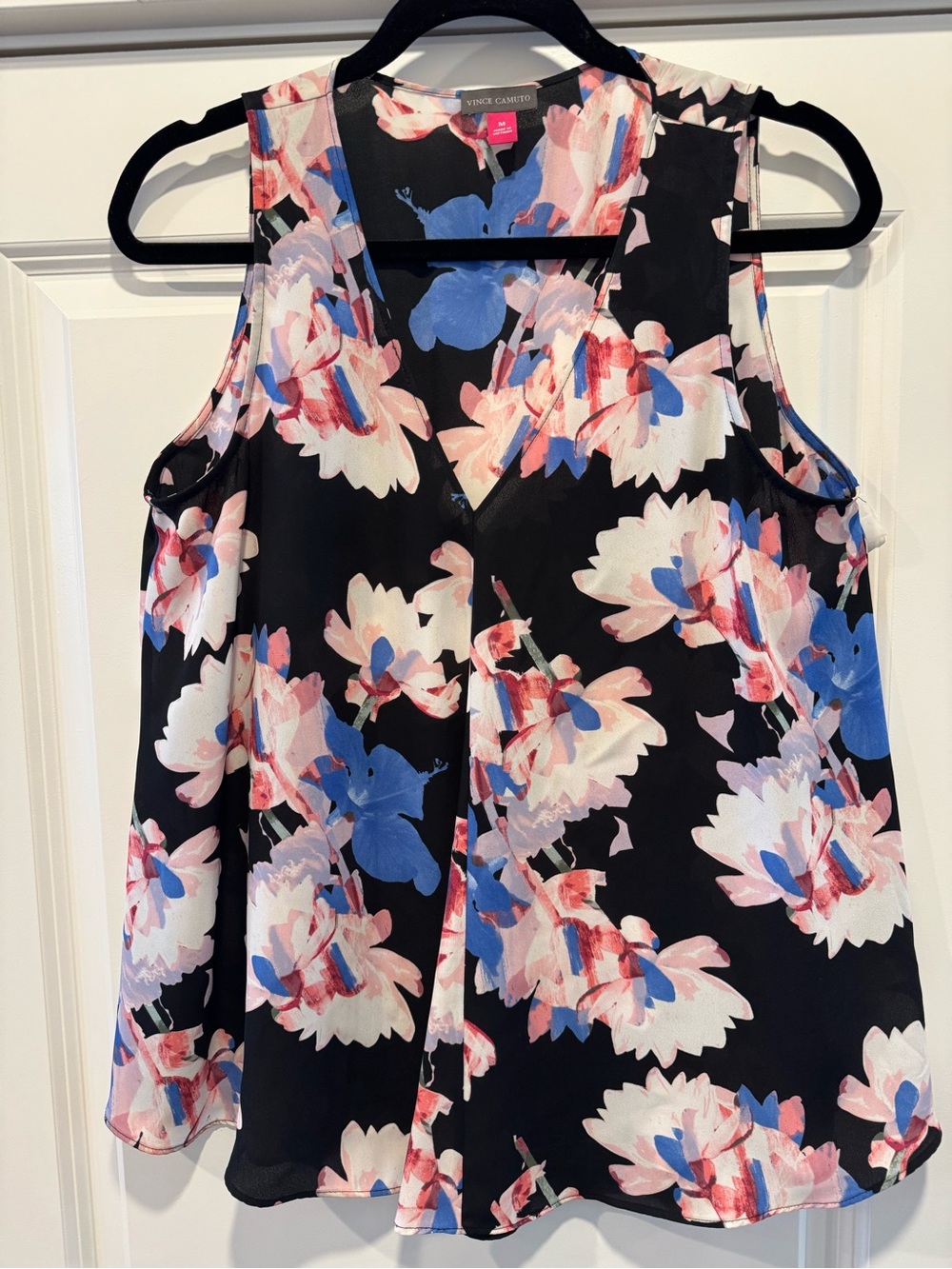 Vince Camuto Black Floral Sleeveless V-Neck Tank with Pink and Blue Blooms
